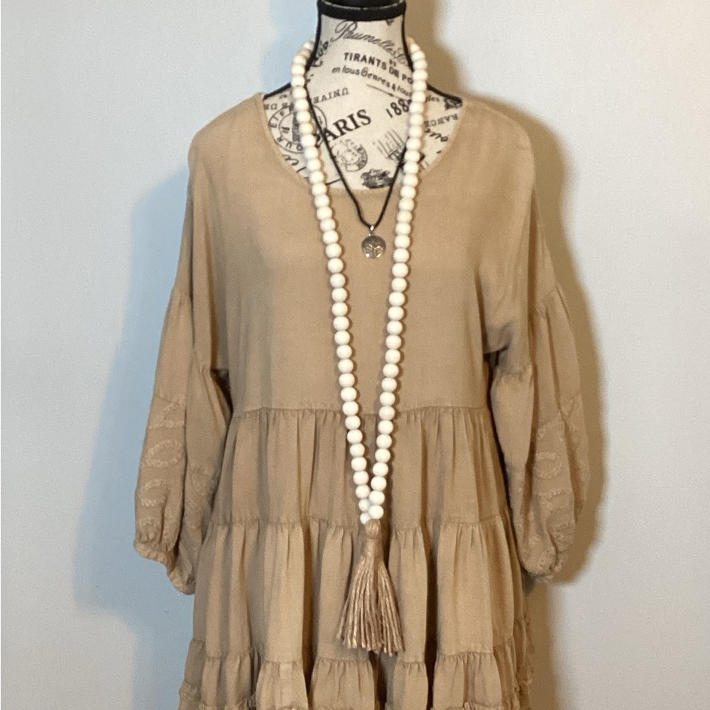 SOLITAIRE BOHO TUNIC TOP TIERED EMBROIDERED BALLOON SLEEVES Earth Tone size Med